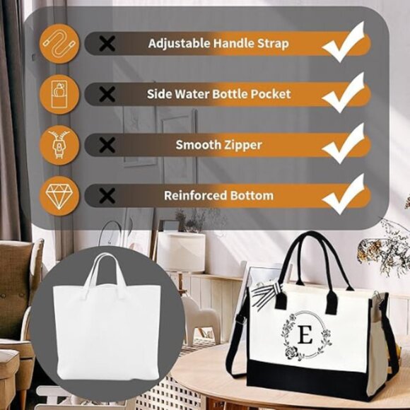 Personalized Embroidery Initial Letter "E" Canvas Tote Bag & FREE Jewelry Box - Picture 5 of 5